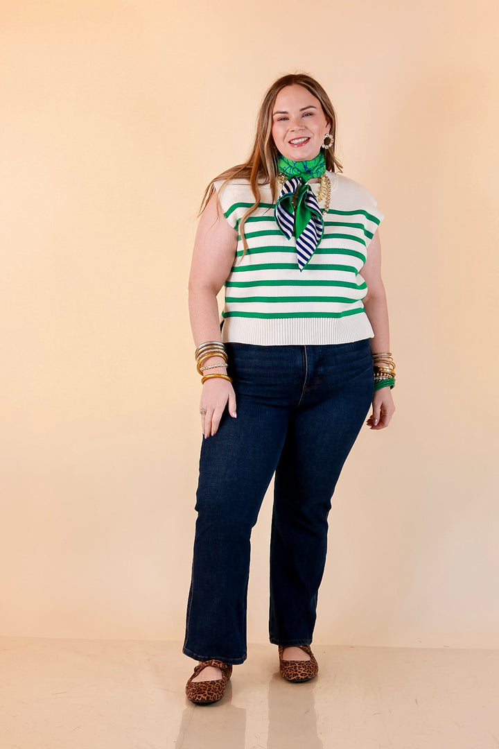 Stripe Things Up Drop Shoulder Knit Sweater in White with Kelly Green Stripes