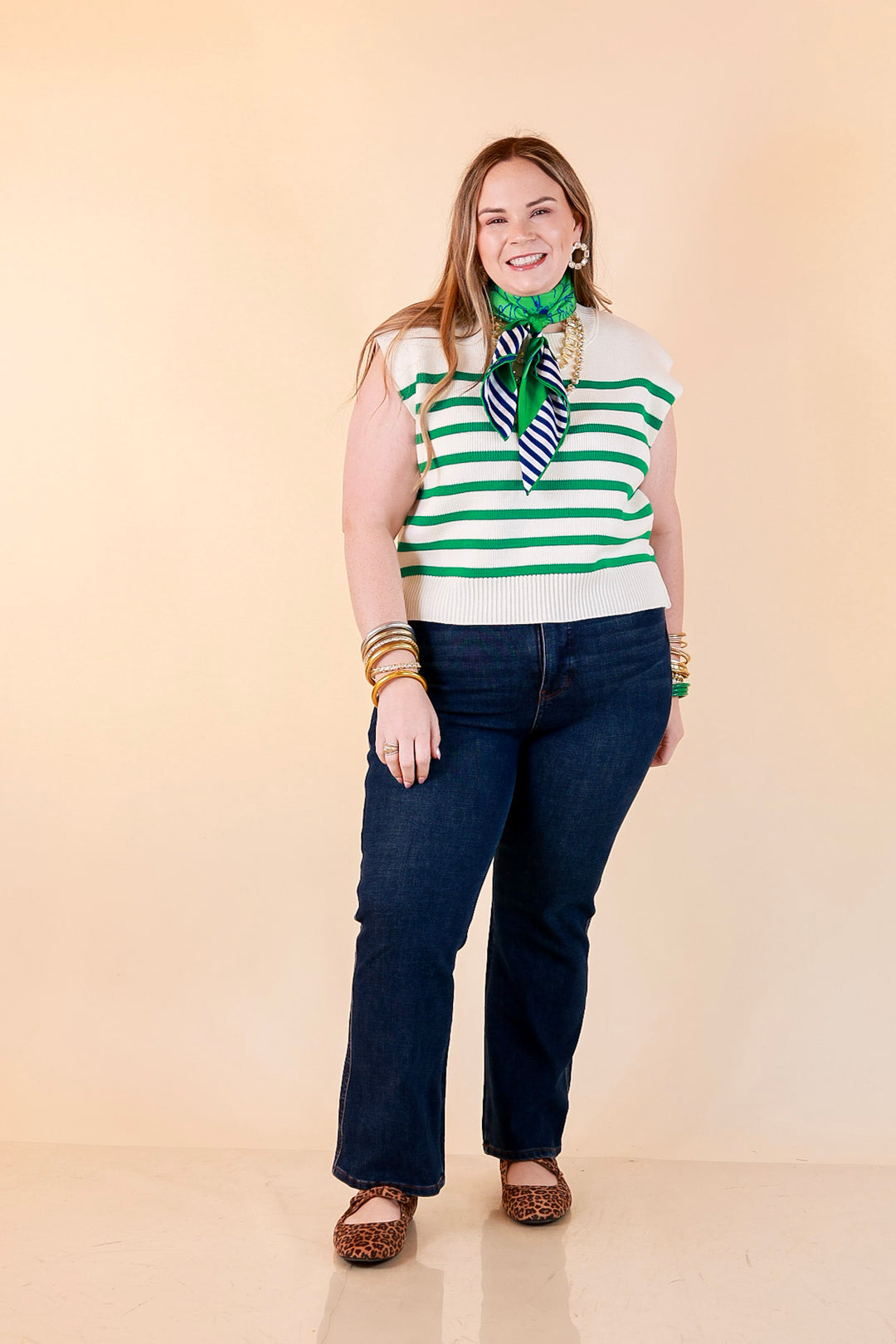 Stripe Things Up Drop Shoulder Knit Sweater in White with Kelly Green Stripes