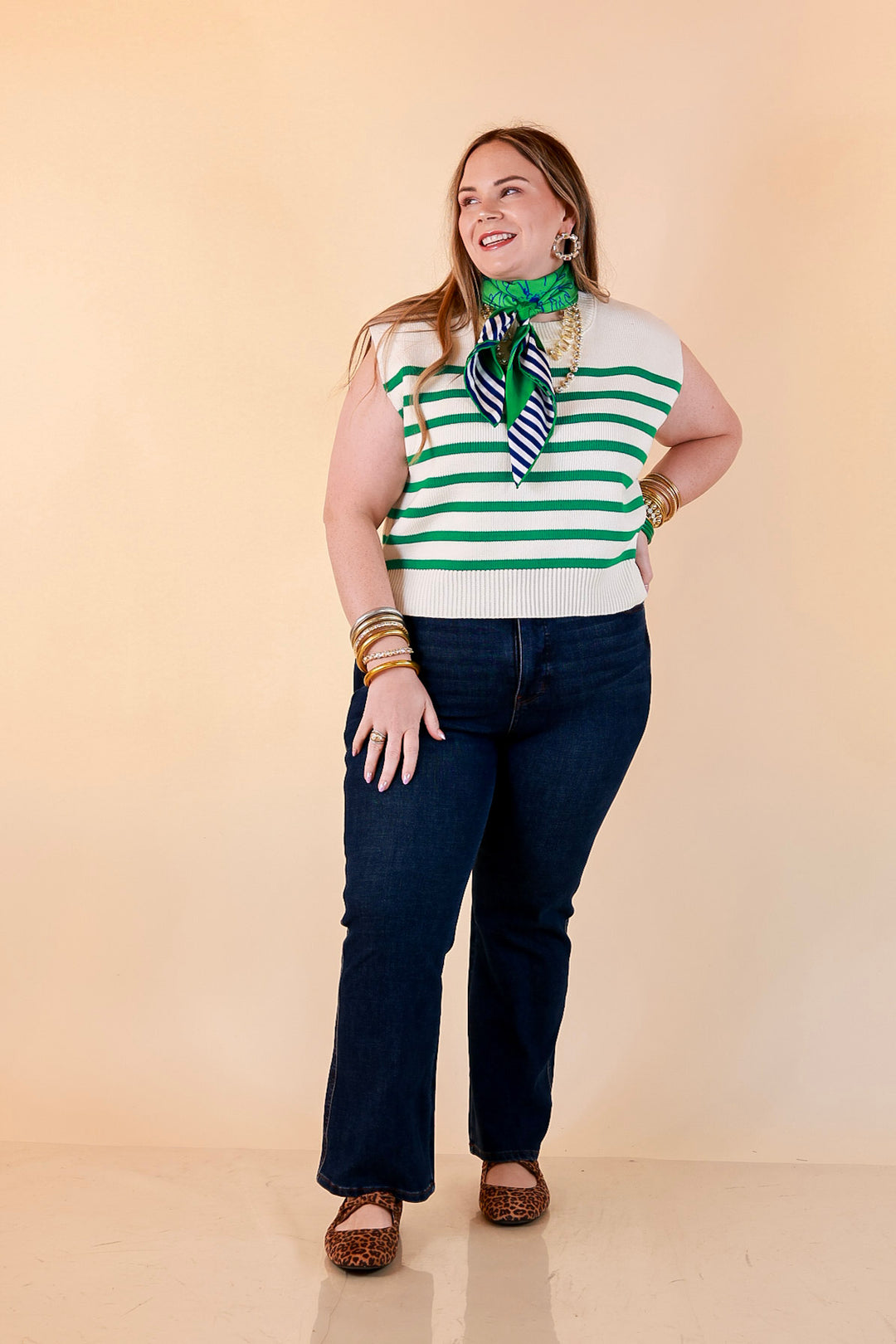 Stripe Things Up Drop Shoulder Knit Sweater in White with Kelly Green Stripes