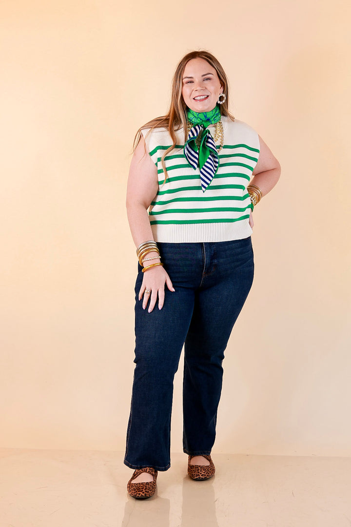 Stripe Things Up Drop Shoulder Knit Sweater in White with Kelly Green Stripes
