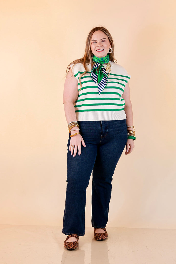 Stripe Things Up Drop Shoulder Knit Sweater in White with Kelly Green Stripes