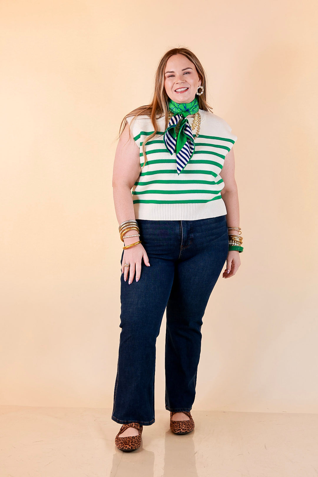 Stripe Things Up Drop Shoulder Knit Sweater in White with Kelly Green Stripes