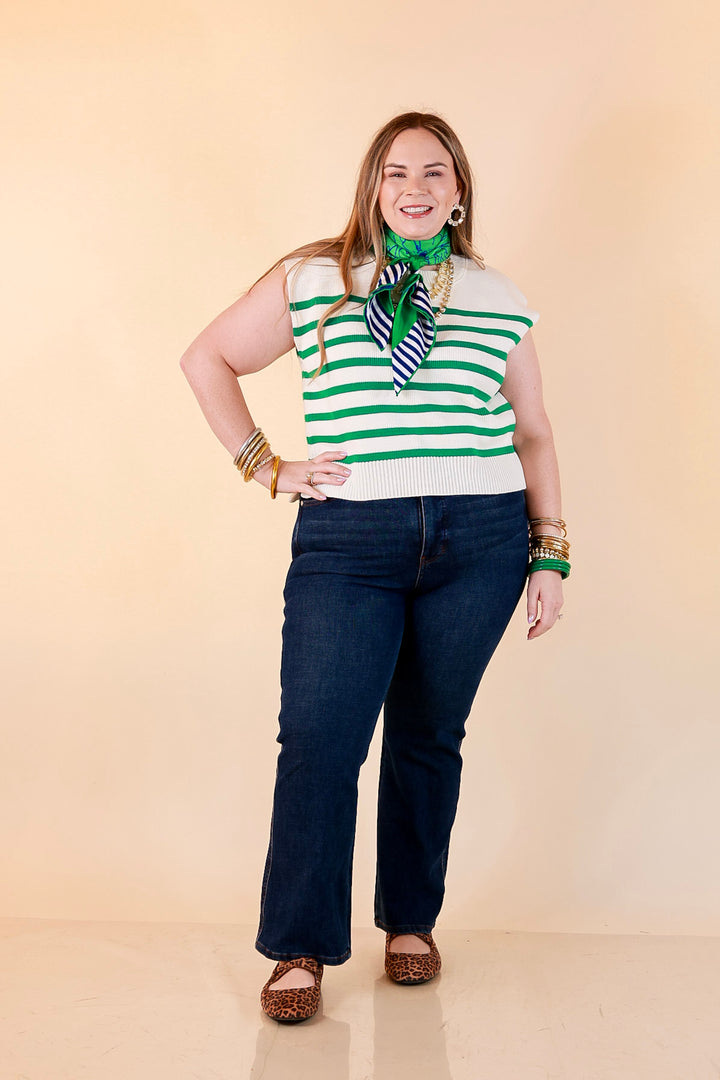 Stripe Things Up Drop Shoulder Knit Sweater in White with Kelly Green Stripes