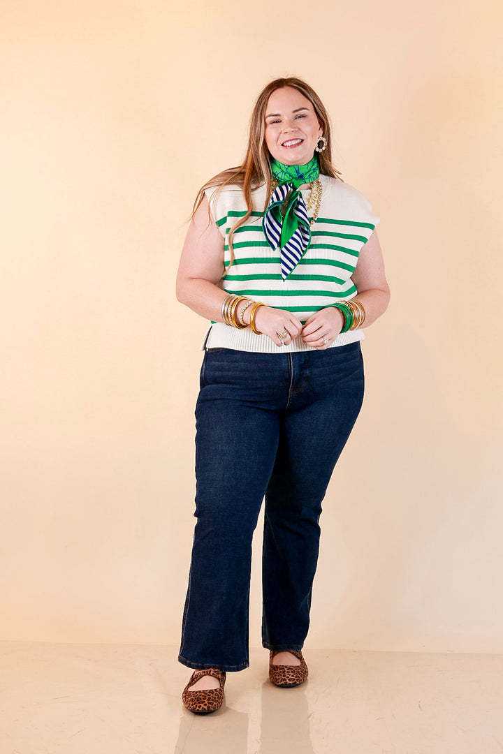 Stripe Things Up Drop Shoulder Knit Sweater in White with Kelly Green Stripes