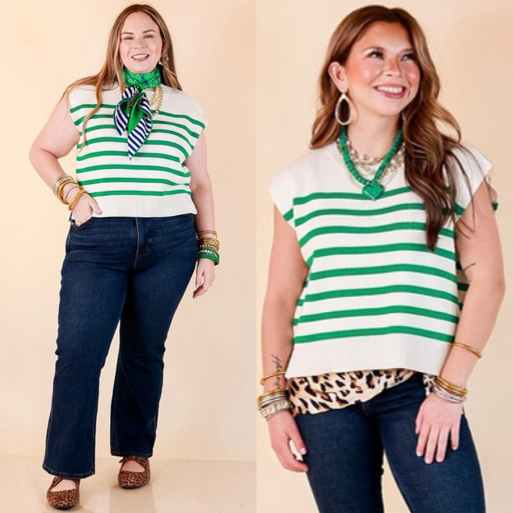 Stripe Things Up Drop Shoulder Knit Sweater in White with Kelly Green Stripes