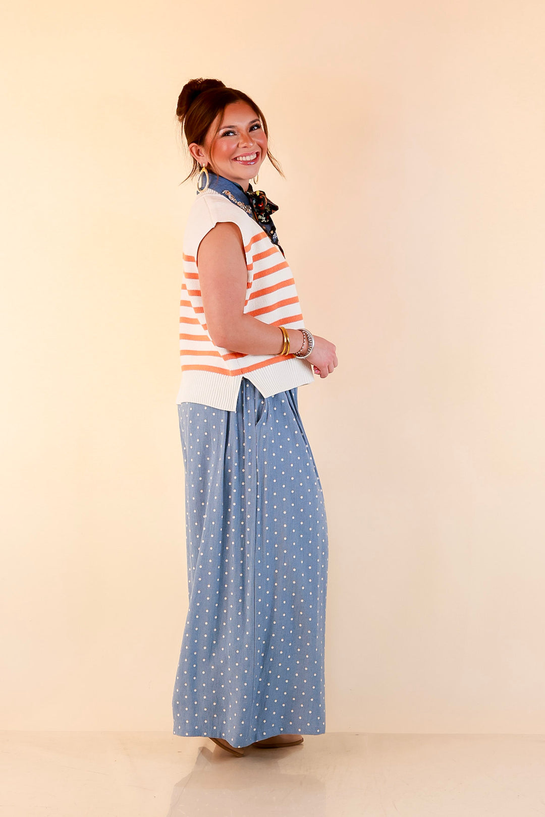 Stripe Things Up Drop Shoulder Knit Sweater in White with Orange Stripes
