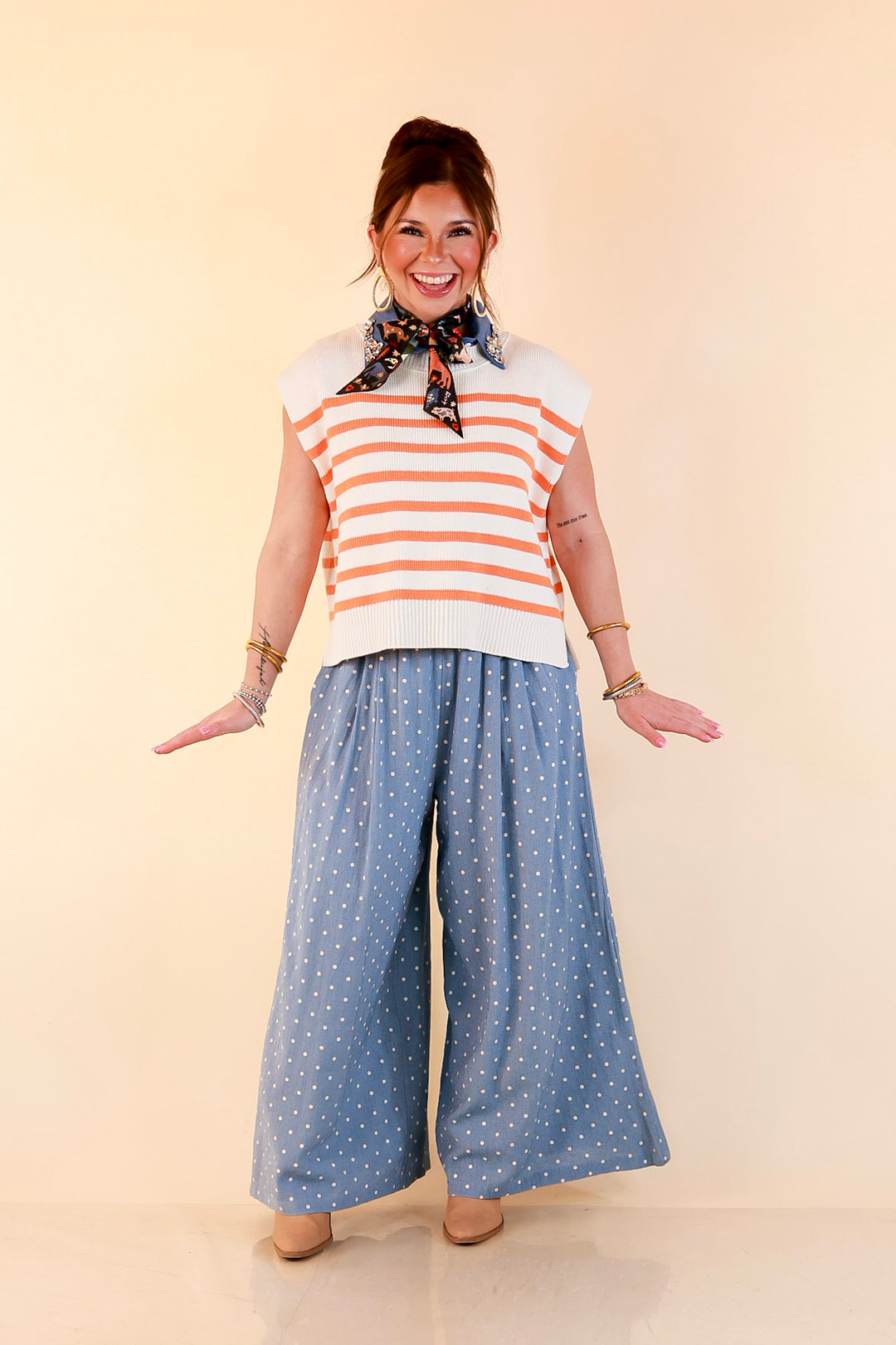 Stripe Things Up Drop Shoulder Knit Sweater in White with Orange Stripes