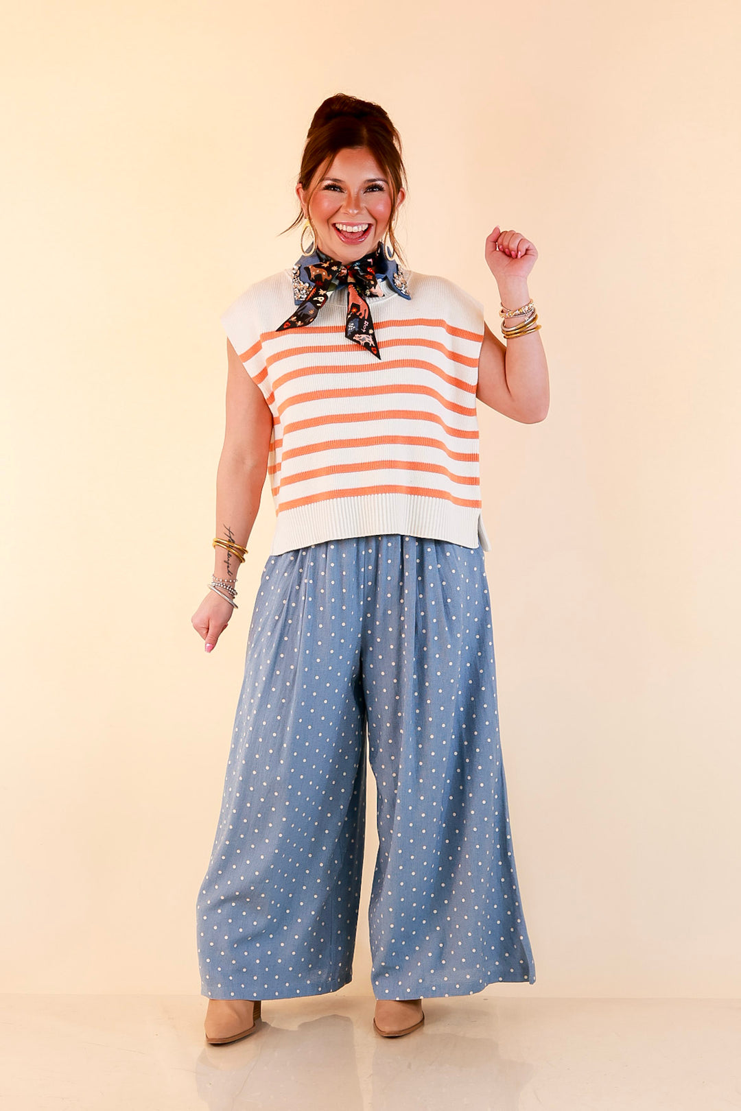 Stripe Things Up Drop Shoulder Knit Sweater in White with Orange Stripes