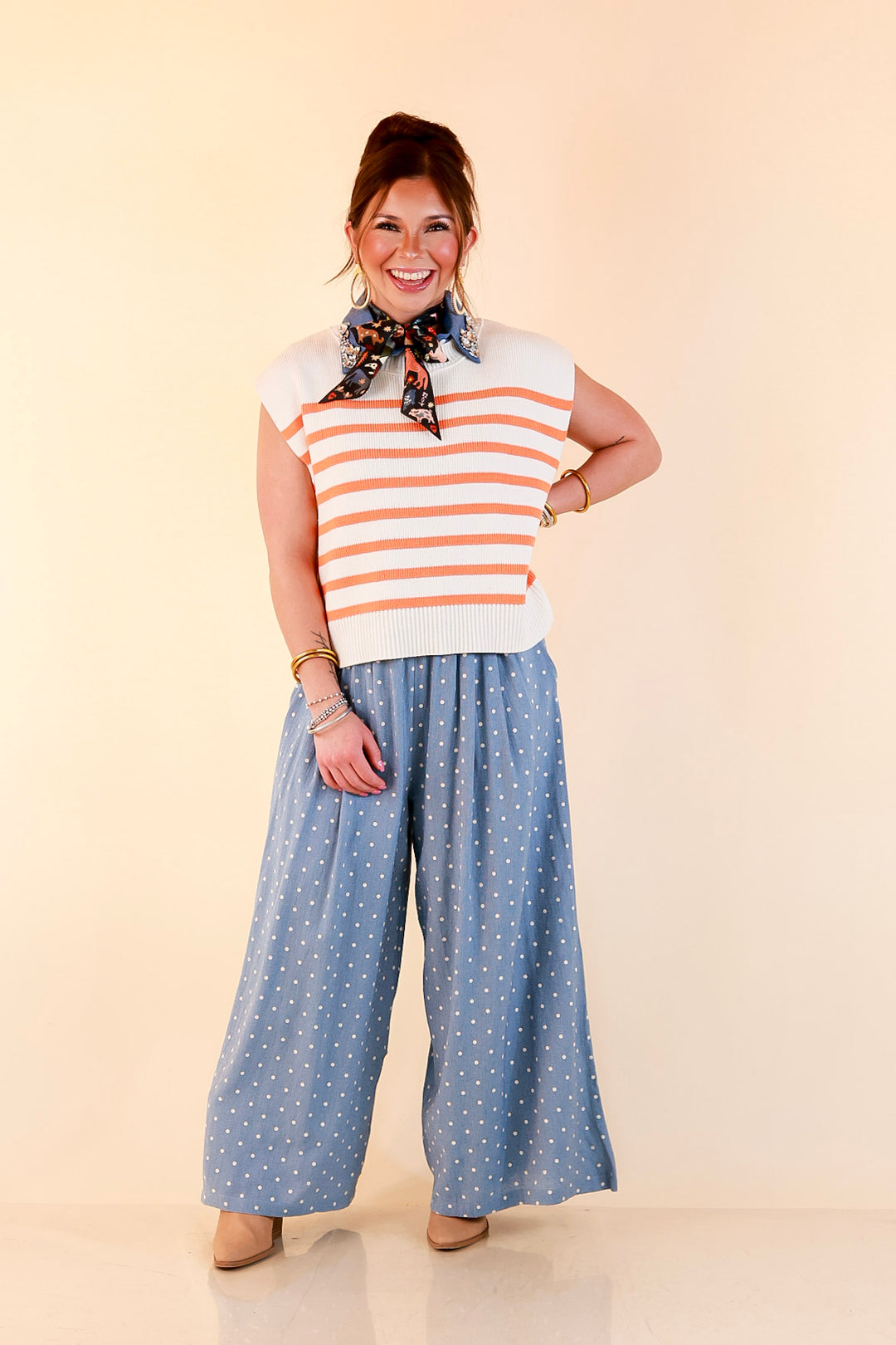 Stripe Things Up Drop Shoulder Knit Sweater in White with Orange Stripes