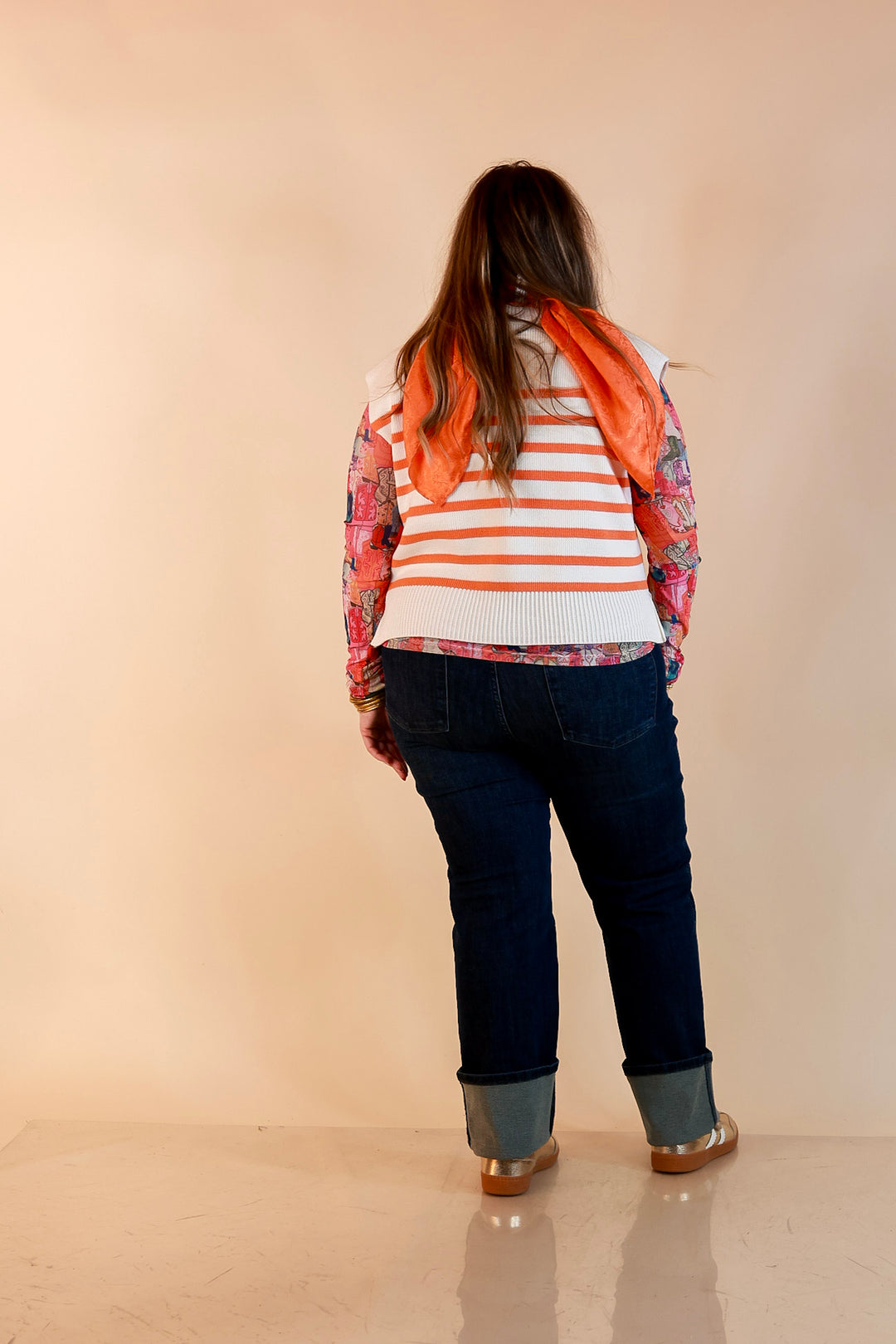 Stripe Things Up Drop Shoulder Knit Sweater in White with Orange Stripes