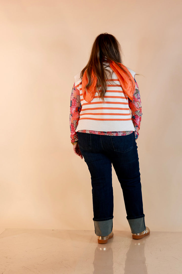 Stripe Things Up Drop Shoulder Knit Sweater in White with Orange Stripes