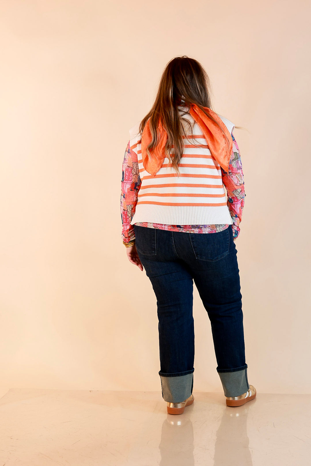 Stripe Things Up Drop Shoulder Knit Sweater in White with Orange Stripes
