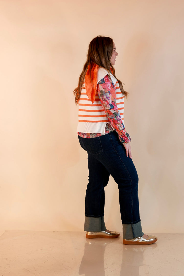 Stripe Things Up Drop Shoulder Knit Sweater in White with Orange Stripes