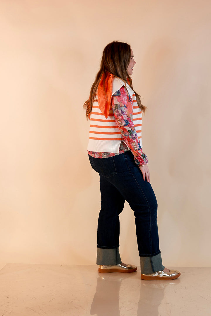 Stripe Things Up Drop Shoulder Knit Sweater in White with Orange Stripes