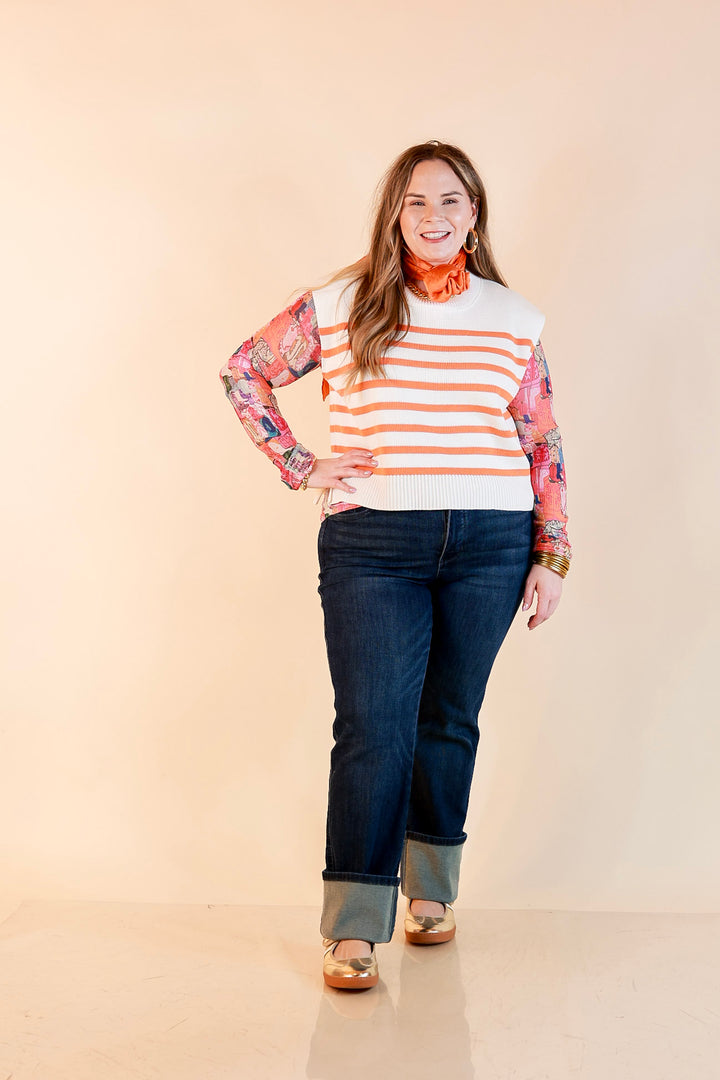 Stripe Things Up Drop Shoulder Knit Sweater in White with Orange Stripes