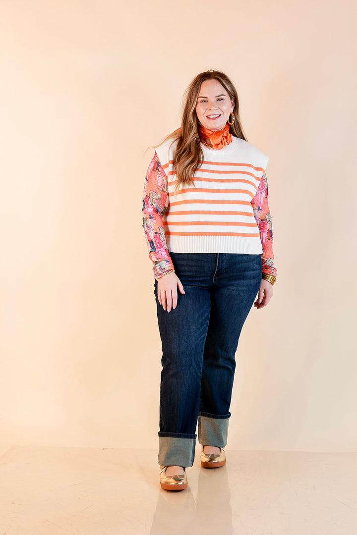 Stripe Things Up Drop Shoulder Knit Sweater in White with Orange Stripes