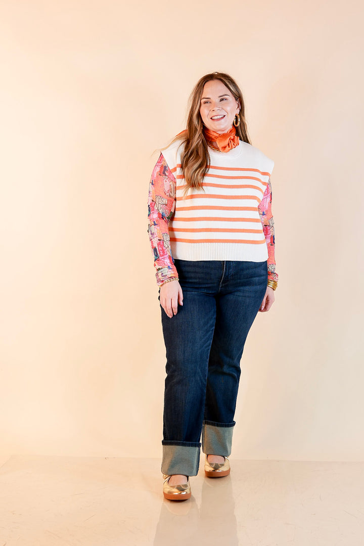 Stripe Things Up Drop Shoulder Knit Sweater in White with Orange Stripes