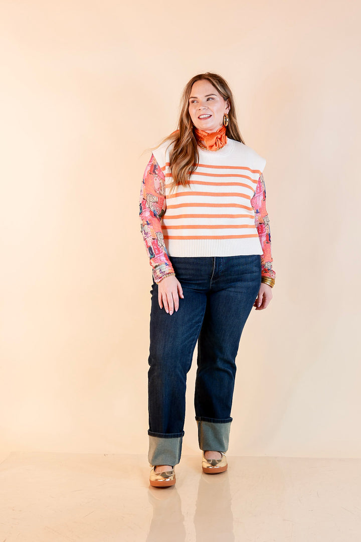 Stripe Things Up Drop Shoulder Knit Sweater in White with Orange Stripes