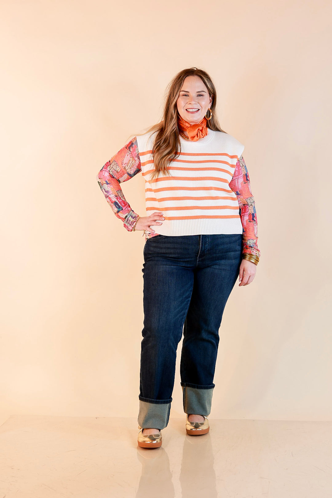 Stripe Things Up Drop Shoulder Knit Sweater in White with Orange Stripes