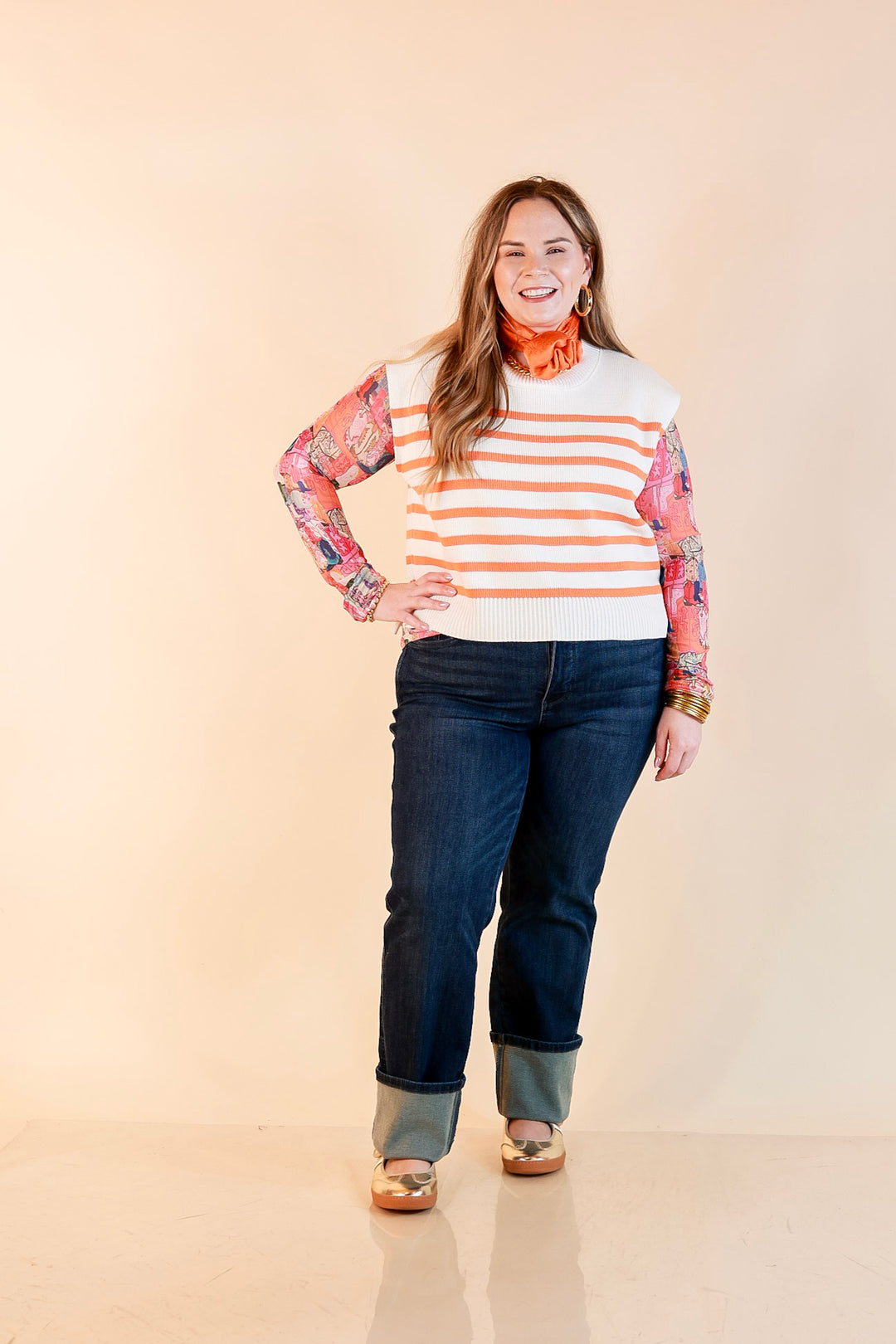 Stripe Things Up Drop Shoulder Knit Sweater in White with Orange Stripes