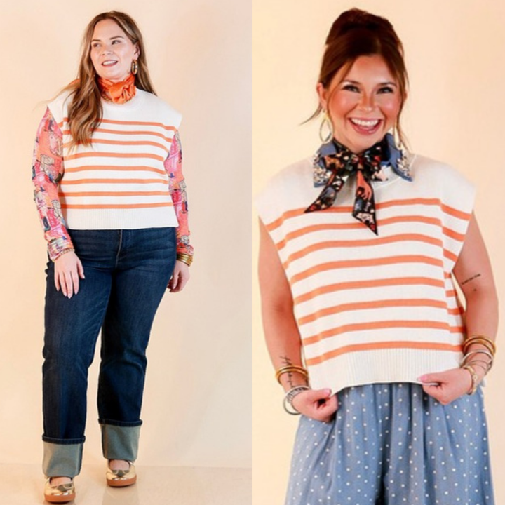 Stripe Things Up Drop Shoulder Knit Sweater in White with Orange Stripes