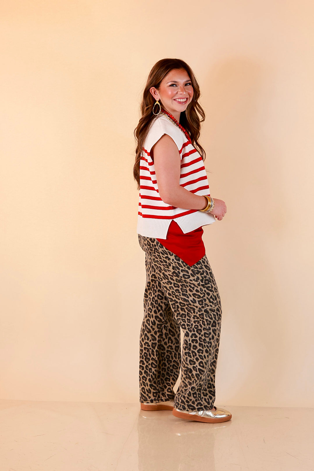 Stripe Things Up Drop Shoulder Knit Sweater in White with Red Stripes