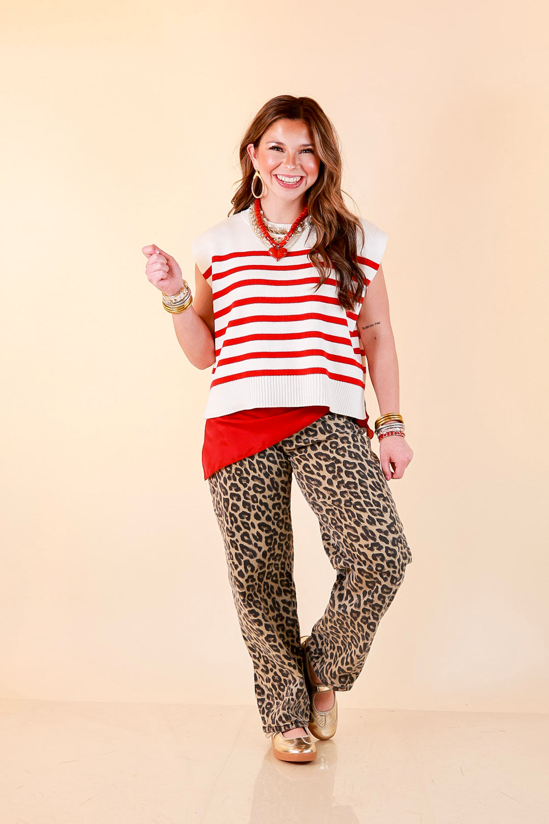 Stripe Things Up Drop Shoulder Knit Sweater in White with Red Stripes