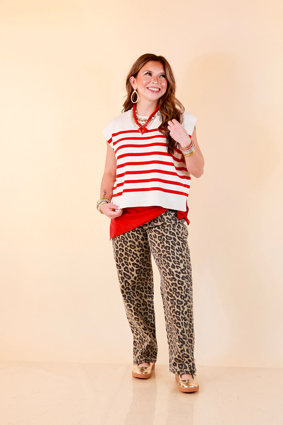 Stripe Things Up Drop Shoulder Knit Sweater in White with Red Stripes