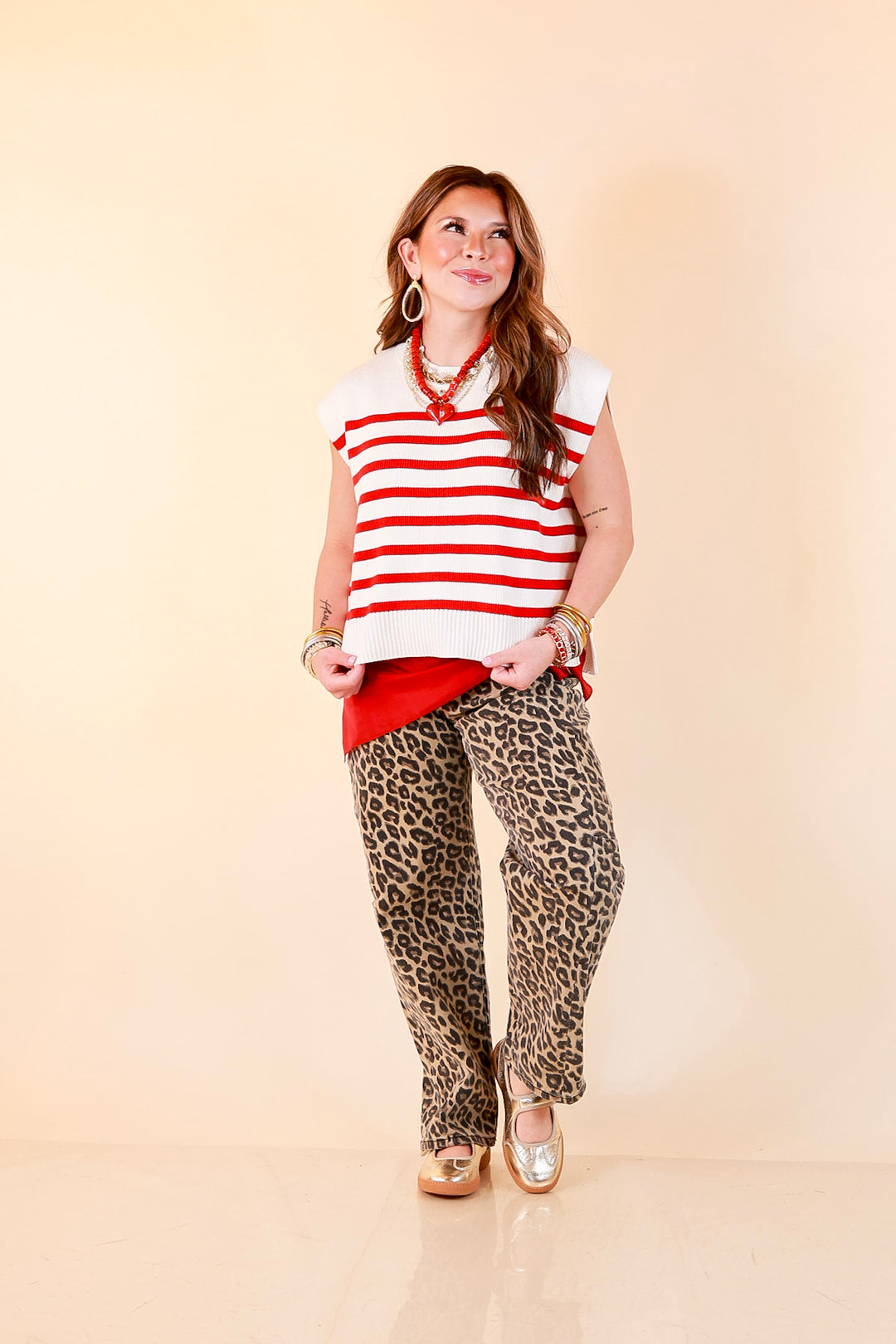Stripe Things Up Drop Shoulder Knit Sweater in White with Red Stripes