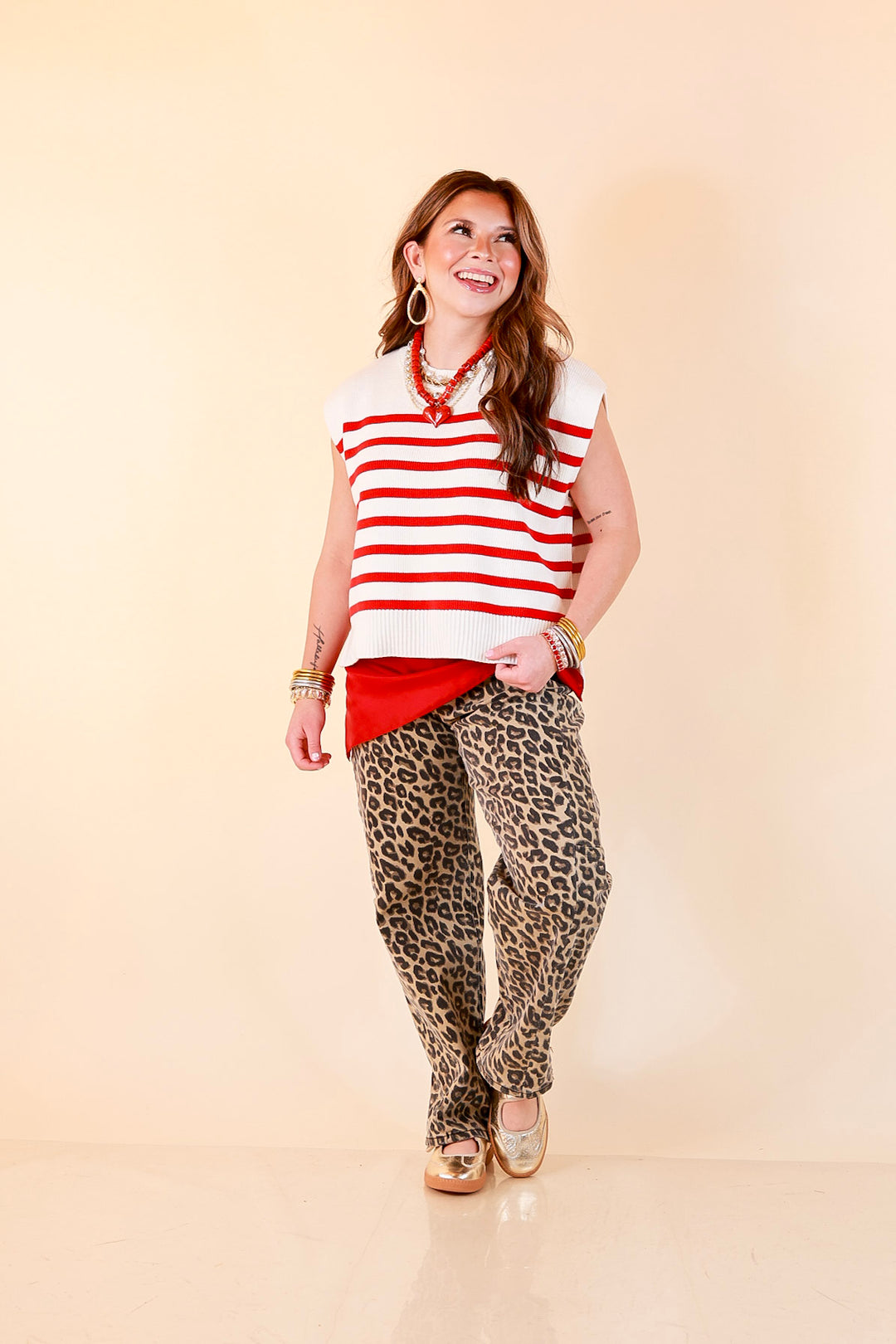 Stripe Things Up Drop Shoulder Knit Sweater in White with Red Stripes