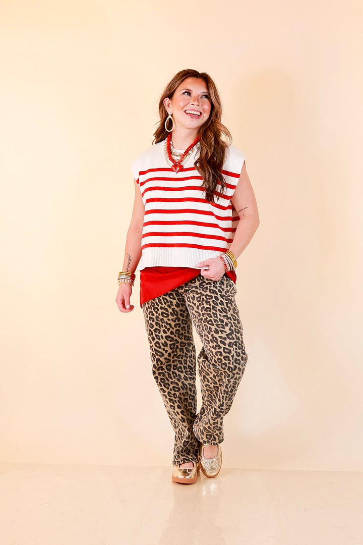 Stripe Things Up Drop Shoulder Knit Sweater in White with Red Stripes