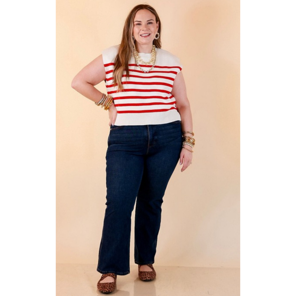 Stripe Things Up Drop Shoulder Knit Sweater in White with Red Stripes