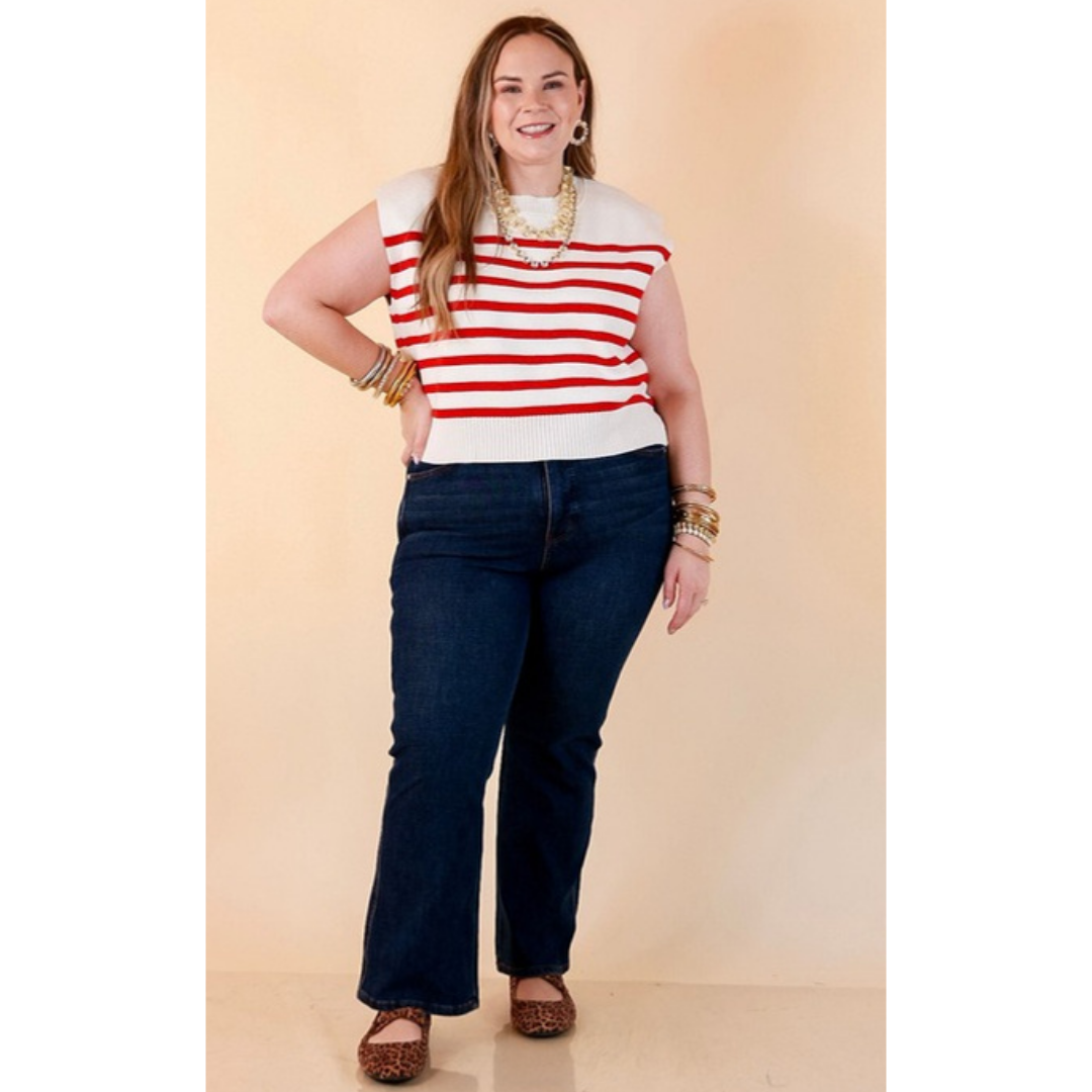 Stripe Things Up Drop Shoulder Knit Sweater in White with Red Stripes