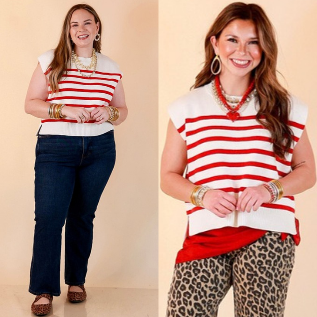 Stripe Things Up Drop Shoulder Knit Sweater in White with Red Stripes