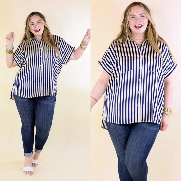 Free To Be Fab Button Up Short Sleeve Striped Top in Navy Blue