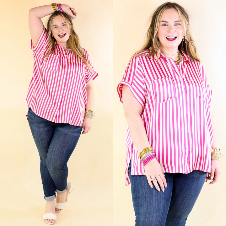 Free To Be Fab Button Up Short Sleeve Striped Top in Pink