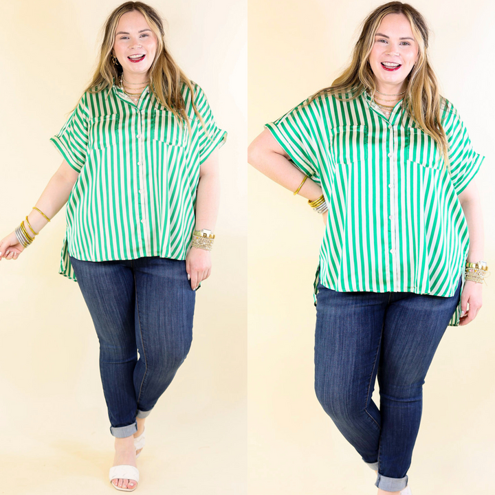 Free To Be Fab Button Up Short Sleeve Striped Top in Green