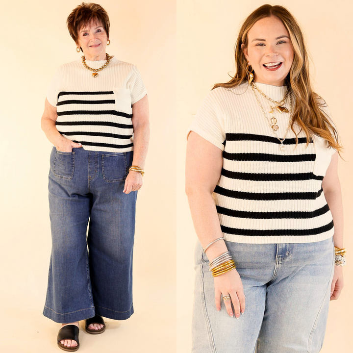 Repeat Worthy Striped Cap Sleeve Cropped Sweater with Front Pocket in Ivory