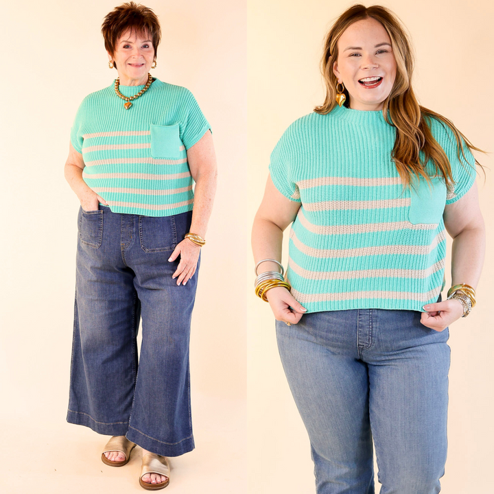 Repeat Worthy Striped Cap Sleeve Cropped Sweater with Front Pocket in Mint Green
