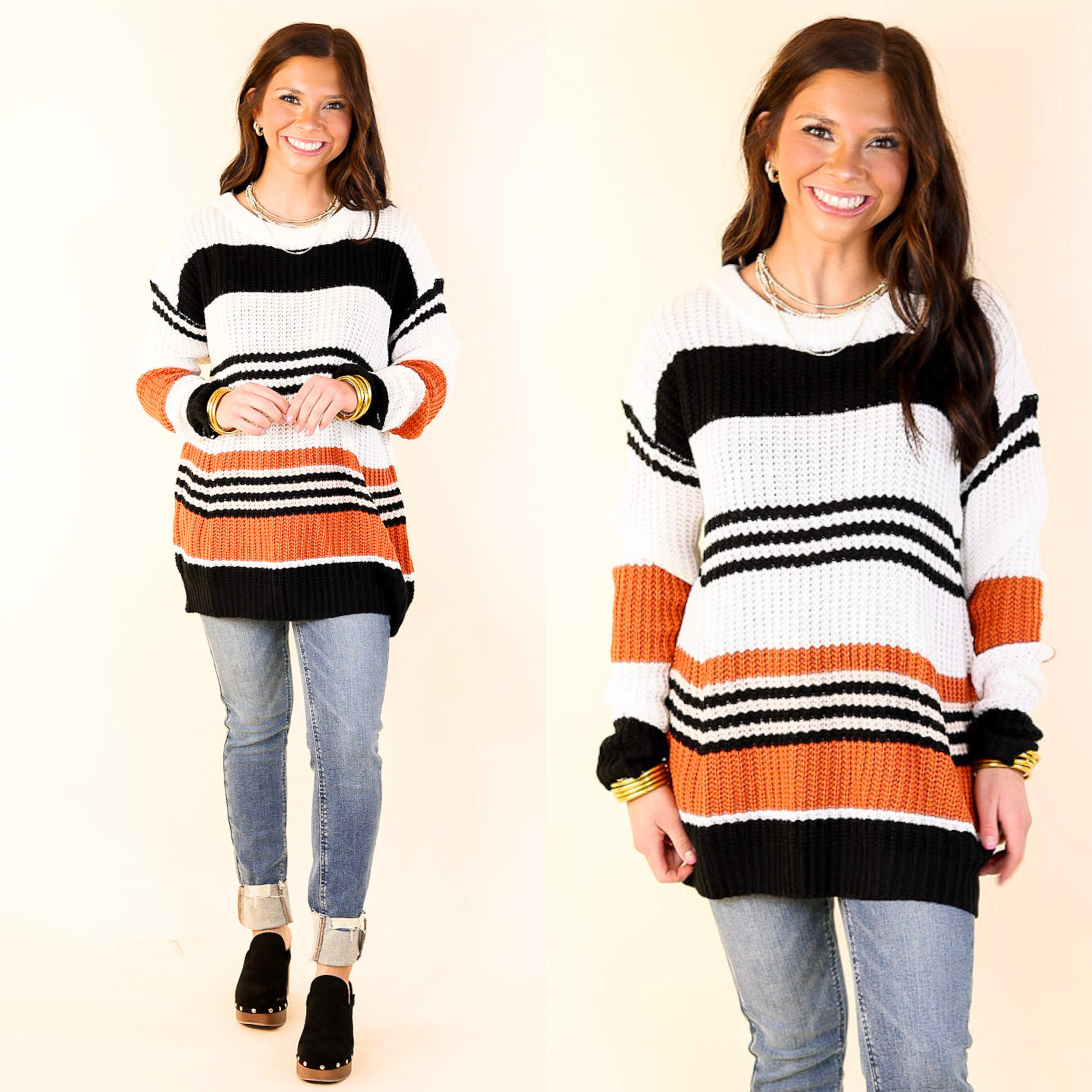 Harvest Honey Striped Cable Knit Sweater in Orange Mix