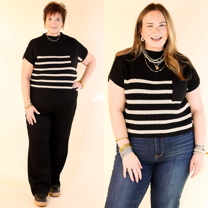 Repeat Worthy Striped Cap Sleeve Cropped Sweater with Front Pocket in Black