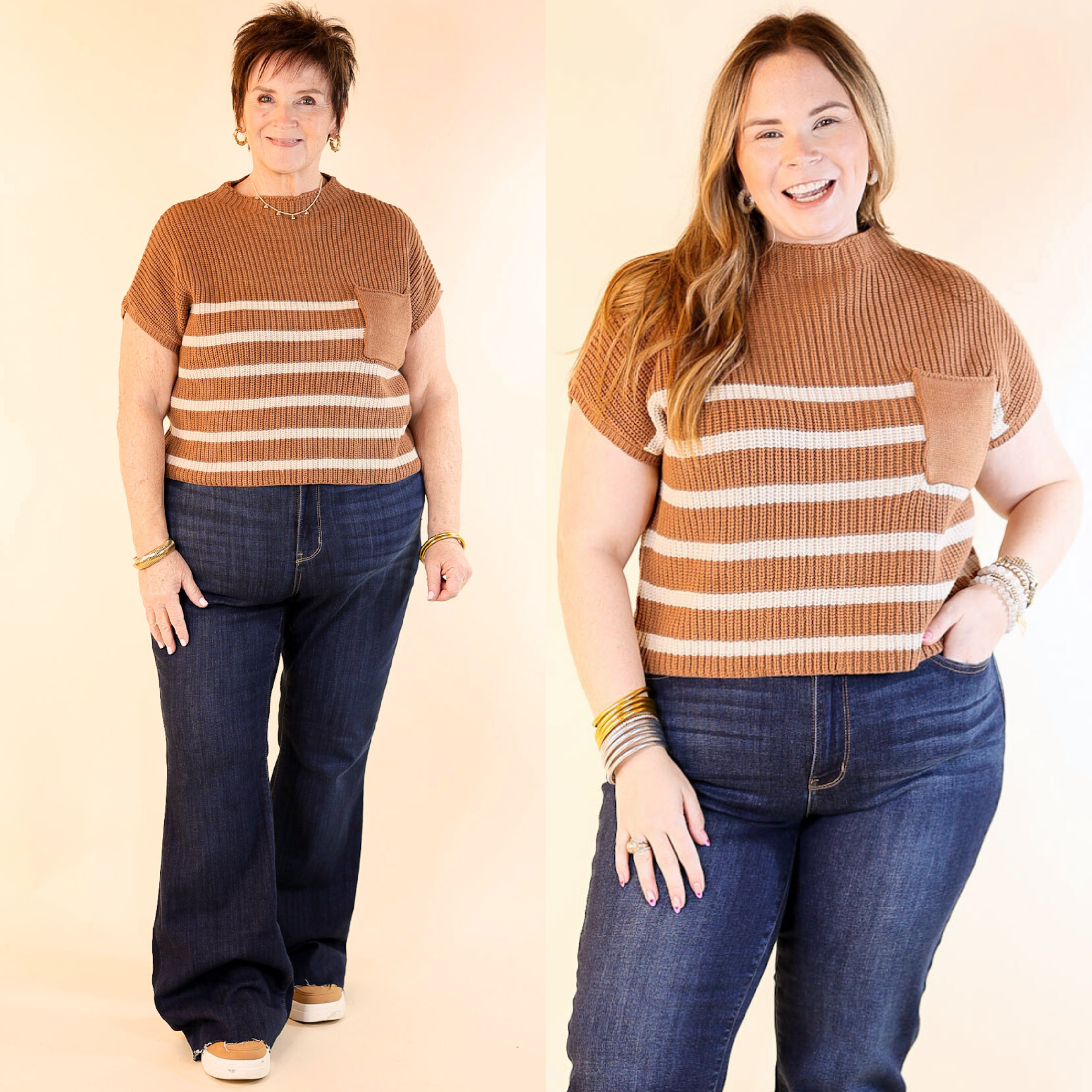 Repeat Worthy Striped Cap Sleeve Sweater in Camel Brown