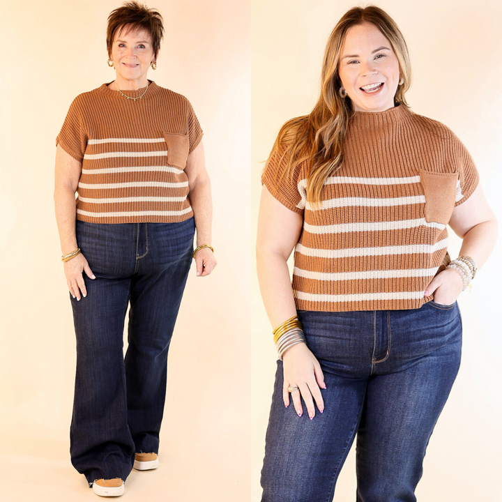 Repeat Worthy Striped Cap Sleeve Cropped Sweater with Front Pocket in Camel Brown