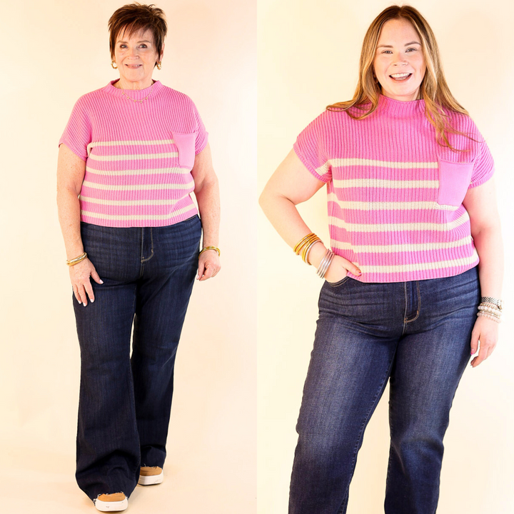 Repeat Worthy Striped Cap Sleeve Cropped Sweater with Front Pocket in Pink