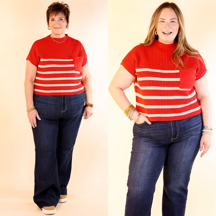 Repeat Worthy Striped Cap Sleeve Cropped Sweater with Front Pocket in Ruby Red