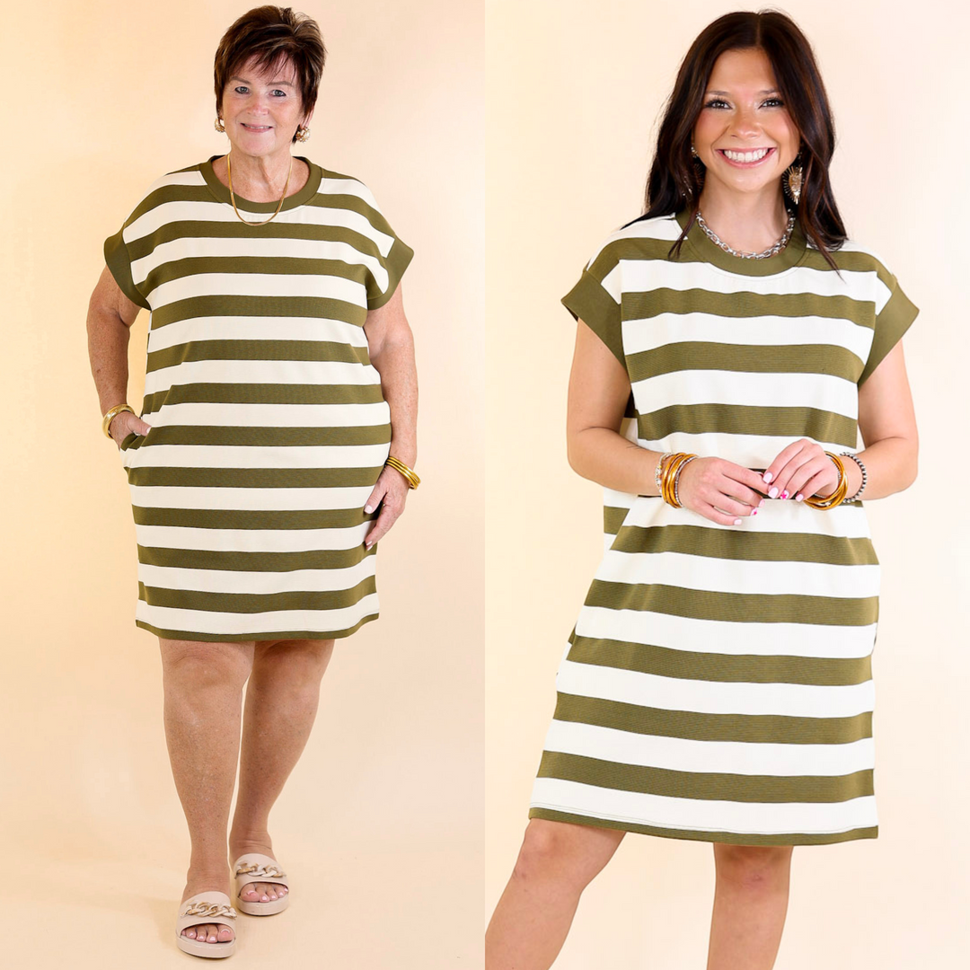 Stripe it Simple Striped Dress with Cap Sleeves in Olive Green and Cream 1XL Stripe it Simple Striped Dress with Cap Sleeves in Olive Green and Cream 1XL