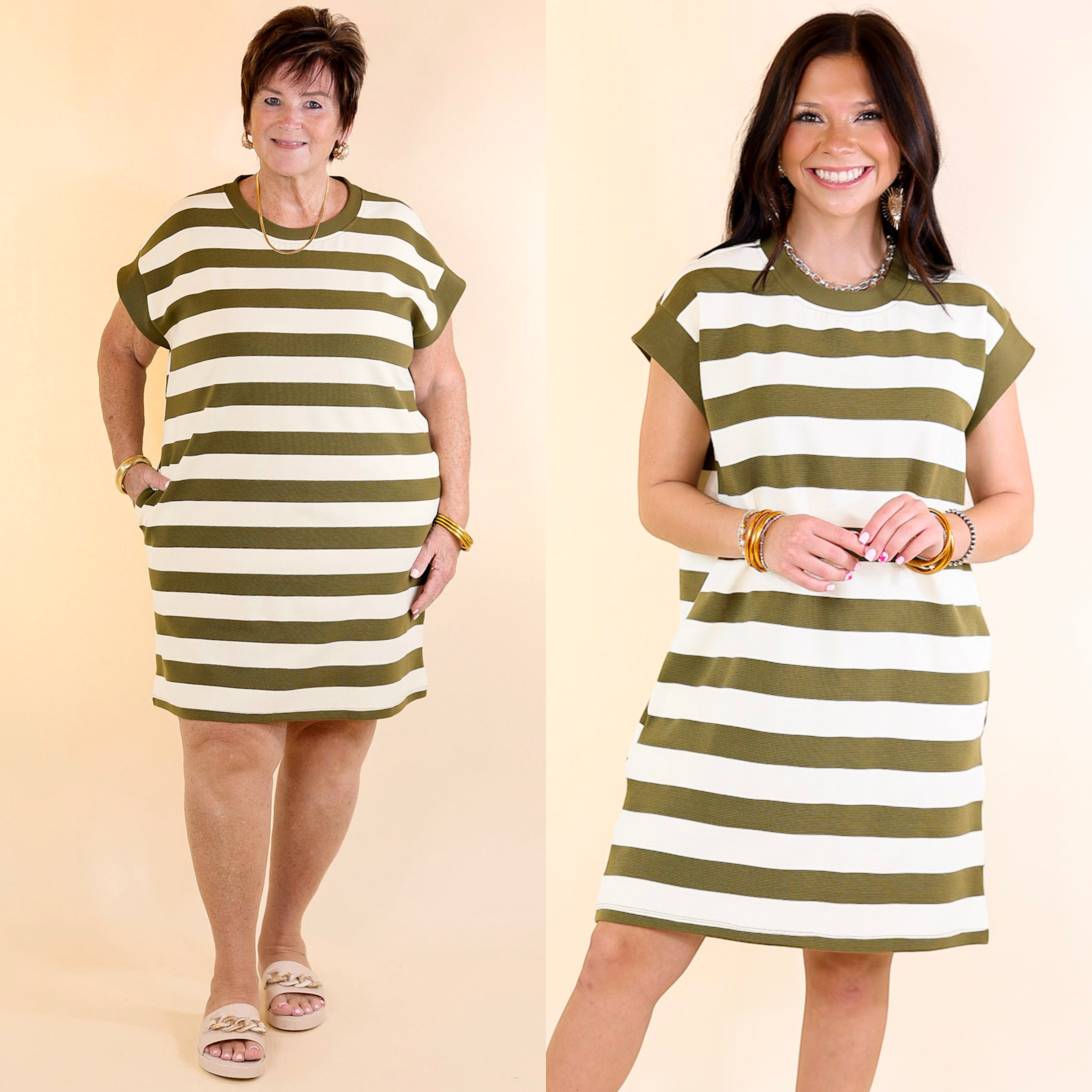 Stripe it Simple Striped Dress with Cap Sleeves in Olive Green and Cream