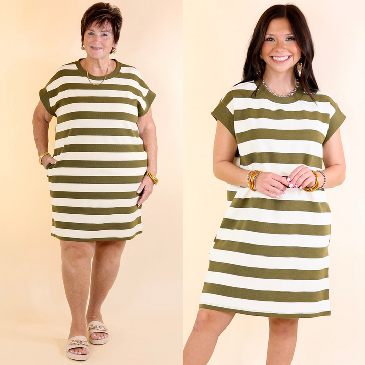 Models wearing the same striped dress in olive green and cream colors.