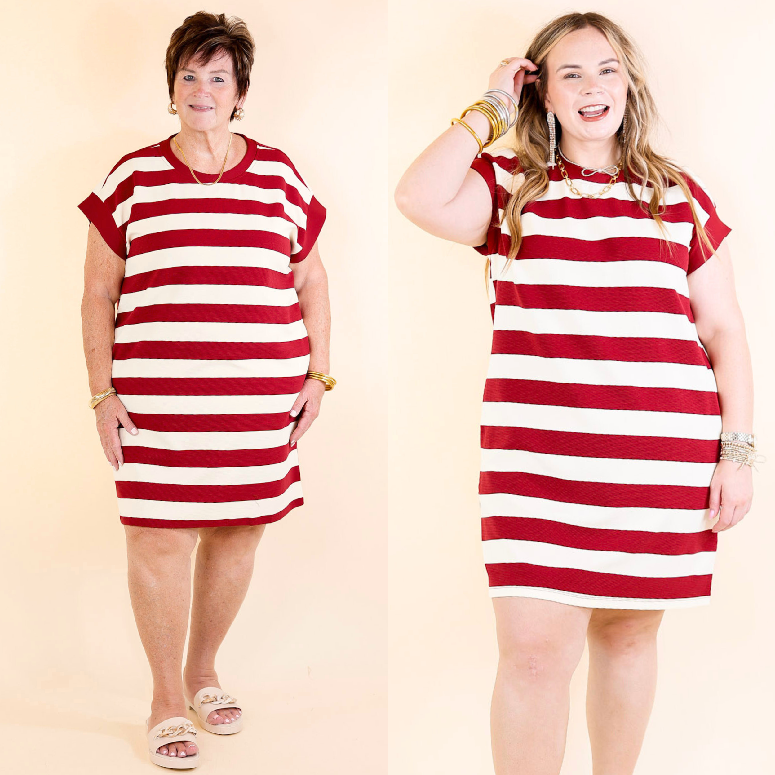 Stripe it Simple Striped Dress with Cap Sleeves in Burgundy and Cream