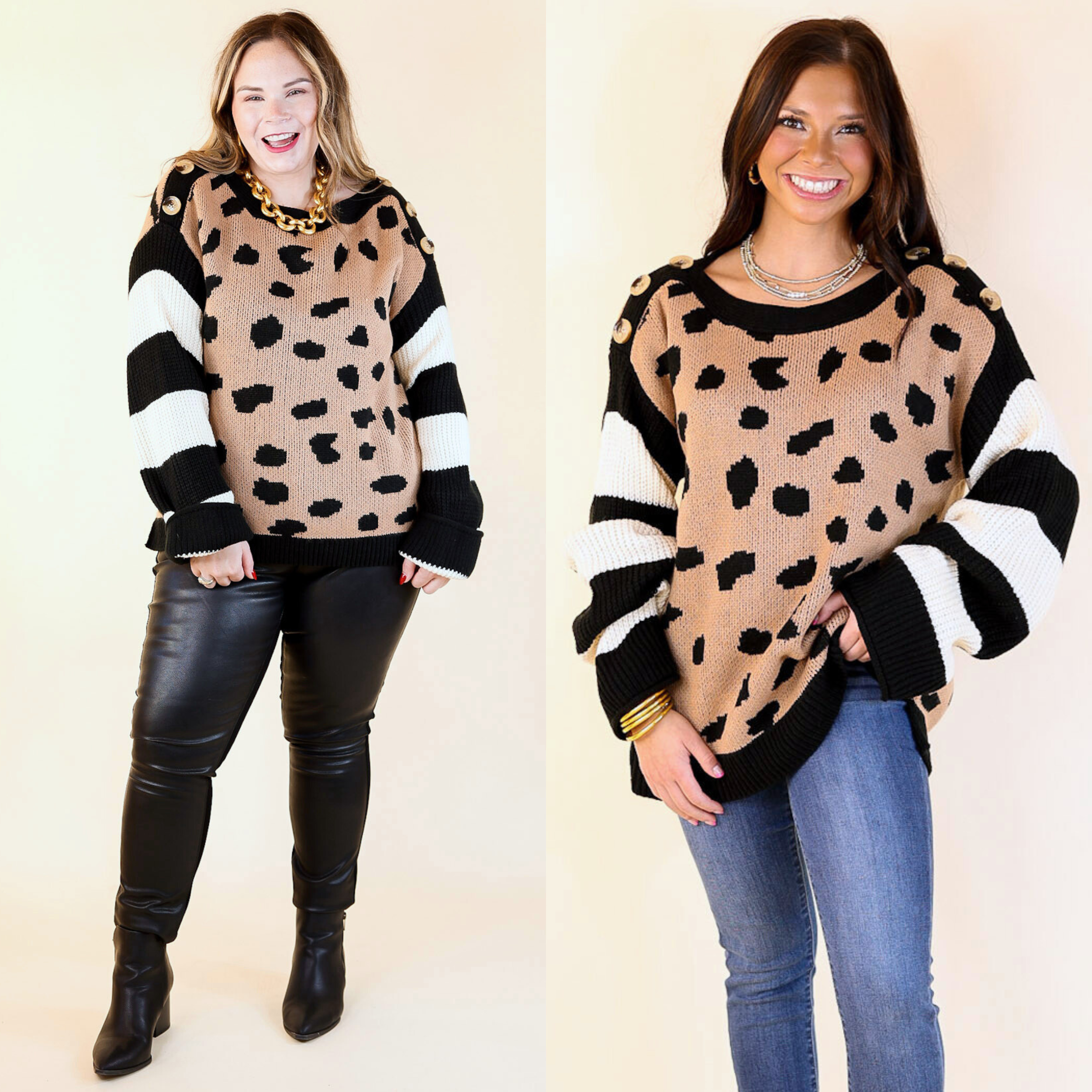 Spotted in Aspen Dotted Sweater with Striped Sleeves and Buttons in Mocha and Ivory